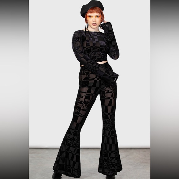 KILLSTAR Suspiria Mood Stretch Mesh Velvet Burnout Flared Pants Black Size XS S - Picture 3 of 7